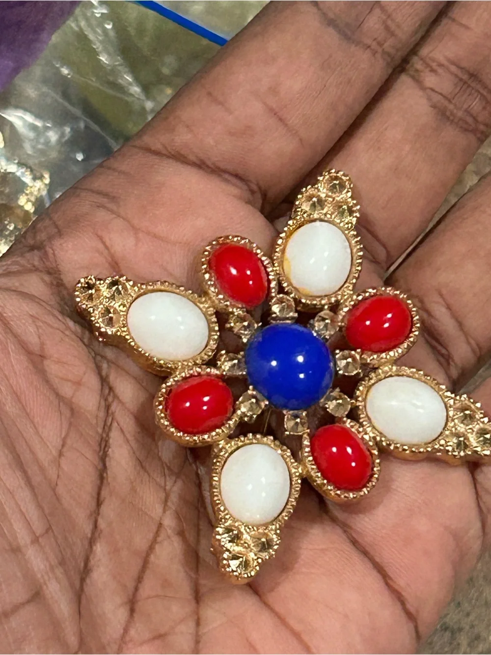 VTG SIGNED SARAH COVENTRY MALTESE CROSS CABOCHON RED BLUE WHITE  BROOCH PIN